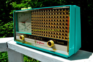 SOLD! - Sept 30, 2018 - Seafoam Green Retro Space Age 1957 Sylvania Model 1306 Tube AM Clock Radio Sounds Great! - [product_type} - Sylvania - Retro Radio Farm