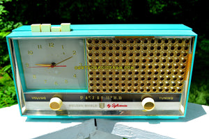 SOLD! - Sept 30, 2018 - Seafoam Green Retro Space Age 1957 Sylvania Model 1306 Tube AM Clock Radio Sounds Great! - [product_type} - Sylvania - Retro Radio Farm