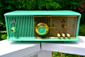 SOLD! - July 13, 2017 - SEA GREEN Mid Century Retro Antique Jetsons 1957 Motorola 57CC Tube AM Clock Radio Totally Restored! - [product_type} - Motorola - Retro Radio Farm