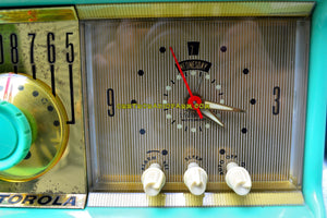 SOLD! - July 13, 2017 - SEA GREEN Mid Century Retro Antique Jetsons 1957 Motorola 57CC Tube AM Clock Radio Totally Restored! - [product_type} - Motorola - Retro Radio Farm