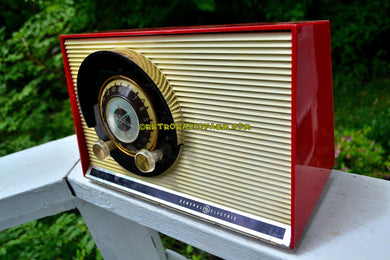 SOLD! - May 31, 2017 - WILD CHERRY RED Mid Century Sputnik Era Vintage 1957 General Electric 862 Tube AM Radio Beautiful!
