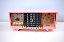Load image into Gallery viewer, Fairlane Pink and Black Mid Century Vintage 1956 Zenith Z519V AM Vacuum Tube Clock Radio Works Great and Near Mint!