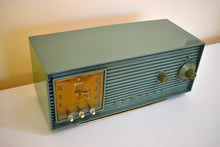 Load image into Gallery viewer, Sage Green 1955 Admiral Model 5W38 Vintage Atomic Age Vacuum Tube AM Radio Clock Sounds Looks Great!