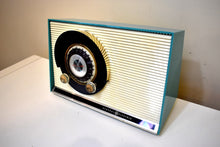 Load image into Gallery viewer, Seafoam Turquoise 1959 General Electric Model 861 Vacuum Tube AM Radio Sputnik Atomic Age Beauty! Excellent Plus Condition!