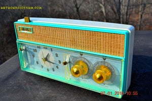 SOLD! - Dec 9, 2015 - BELLS AND WHISTLES Mint Green Retro Jetsons Vintage 1961 Arvin Model 51R56 AM Tube Clock Radio Amazing!