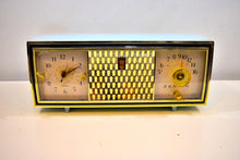 Load image into Gallery viewer, Diamond Blue and Gold Mid Century Vintage 1960 Zenith The Saxony Model C520B AM Vacuum Tube Clock Radio Opulent Looks Sounds Primo!