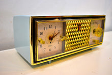 Load image into Gallery viewer, Diamond Blue and Gold Mid Century Vintage 1960 Zenith The Saxony Model C520B AM Vacuum Tube Clock Radio Opulent Looks Sounds Primo!