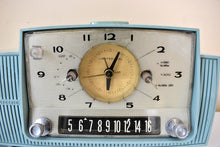 Load image into Gallery viewer, Cornflower Blue 1959 GE General Electric Model 913D AM Vacuum Tube Clock Radio Holy Smoke Working Clock Light!