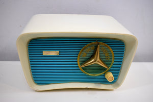 ターコイズとホワイト 1959 トラブラー モデル T-204 AM 真空管ラジオ ボタンのようにかわいい!
