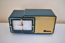 Load image into Gallery viewer, Sherwood Green and Gold 1957 Bulova Model 100 AM Antique Clock Radio Simply Fabulous!