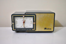 Load image into Gallery viewer, Sherwood Green and Gold 1957 Bulova Model 100 AM Vacuum Tube Clock Radio Simply Fabulous!