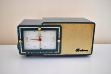 Load image into Gallery viewer, Sherwood Green and Gold 1957 Bulova Model 100 AM Antique Clock Radio Simply Fabulous!