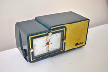 Load image into Gallery viewer, Sherwood Green and Gold 1957 Bulova Model 100 AM Vacuum Tube Clock Radio Simply Fabulous!
