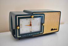 Load image into Gallery viewer, Sherwood Green and Gold 1957 Bulova Model 100 AM Antique Clock Radio Simply Fabulous!