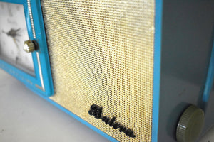 Egyptian Turquoise and Gold 1959 Bulova Model 100 AM Vacuum Tube Clock Radio Simply Fabulous! Works Great!
