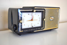Load image into Gallery viewer, Luxor Black and Gold 1959 Bulova Model 100 AM Vacuum Tube Radio Rare Model Superb Sounding Bling Bling!