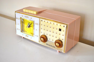 Park Avenue Pink 1959 Bulova Model 190 Vacuum Tube AM Clock Radio Mid Century Bling!