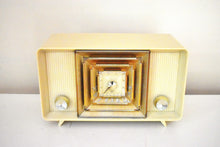 Load image into Gallery viewer, Plaza Ivory and Gold 1957 Bulova Model 300 Vacuum Tube AM Radio Near Mint Condition and Sounds Fabulous!