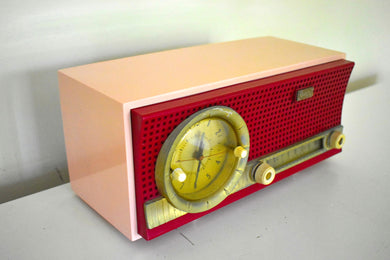 Sweetheart Red and Pink Mid Century Retro 1959-1961 CBS Model C230 Vacuum Tube AM Clock Radio Rare Color Combo!