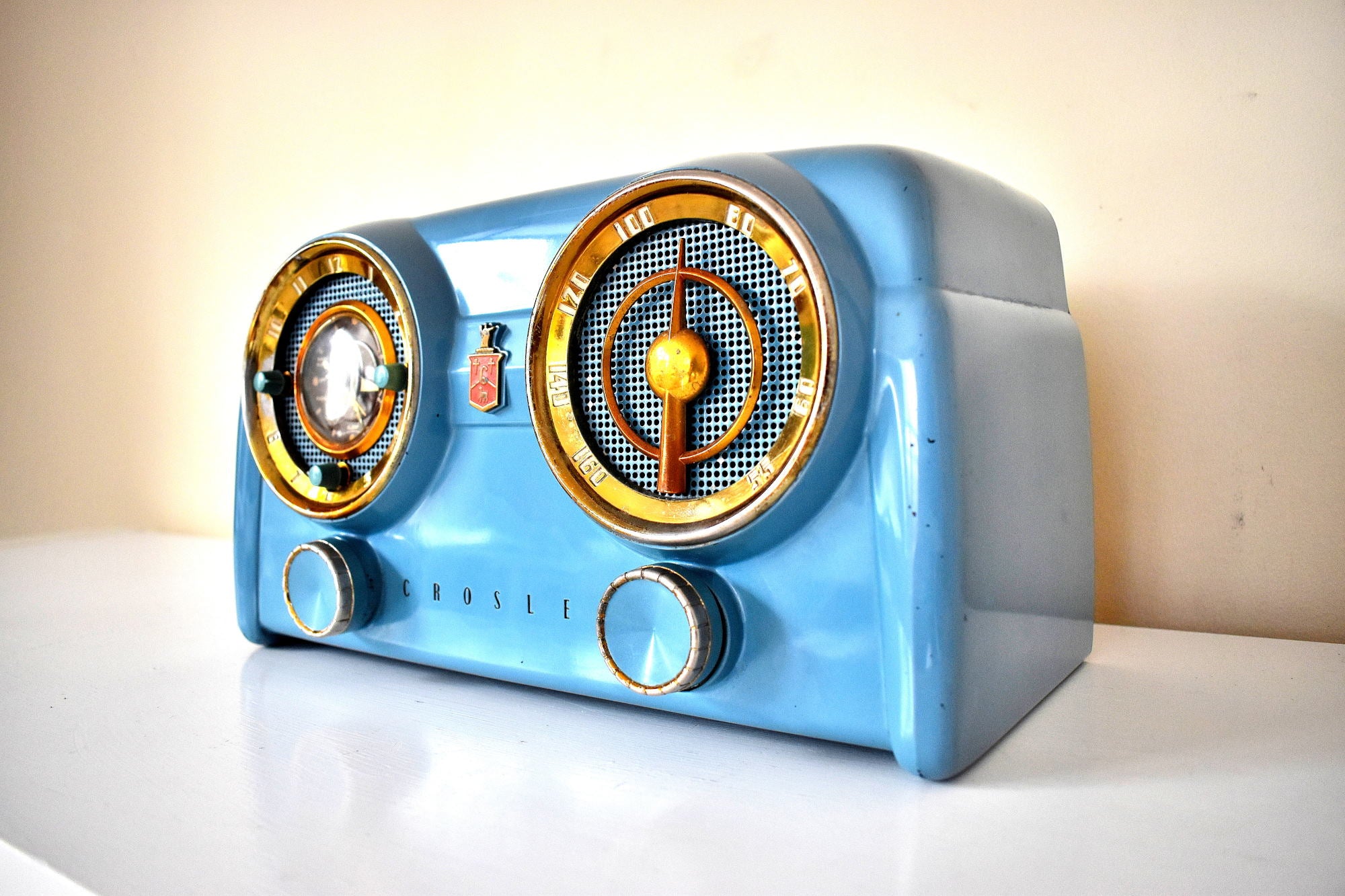 Ice Blue Metallic Crosley 1951 Model 11-125GN AM Vacuum Tube Clock Radio Quality Construction Sounds Great!