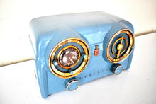 Load image into Gallery viewer, Ice Blue Metallic Crosley 1951 Model 11-125GN AM Vacuum Tube Clock Radio Quality Construction Sounds Great!