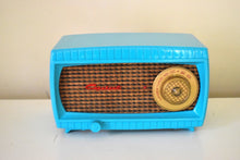 Load image into Gallery viewer, Sky Blue Turquoise and Wicker Vintage 1954 Capehart Model 3T55B AM Vacuum Tube Radio Totally Restored!