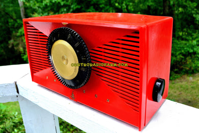 SOLD! - Sept 17, 2017 - MATADOR RED Mid Century Vintage 1955 Emerson Model 812B Tube AM Clock Radio Rare Color Sounds Great!