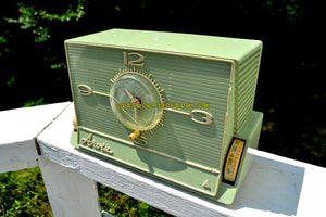 SOLD! - Aug 29, 2017 - GREEN OLIVE Mid Century Retro Jetsons 1959 Arvin 5591 Tube AM Clock Radio Unique Style! - [product_type} - Arvin - Retro Radio Farm