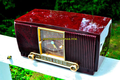 SOLD! - Aug 13, 2017 - BLUETOOTH MP3 READY Elegant Burgundy 1955 General Electric Model 551 Retro AM Clock Radio Works Great!