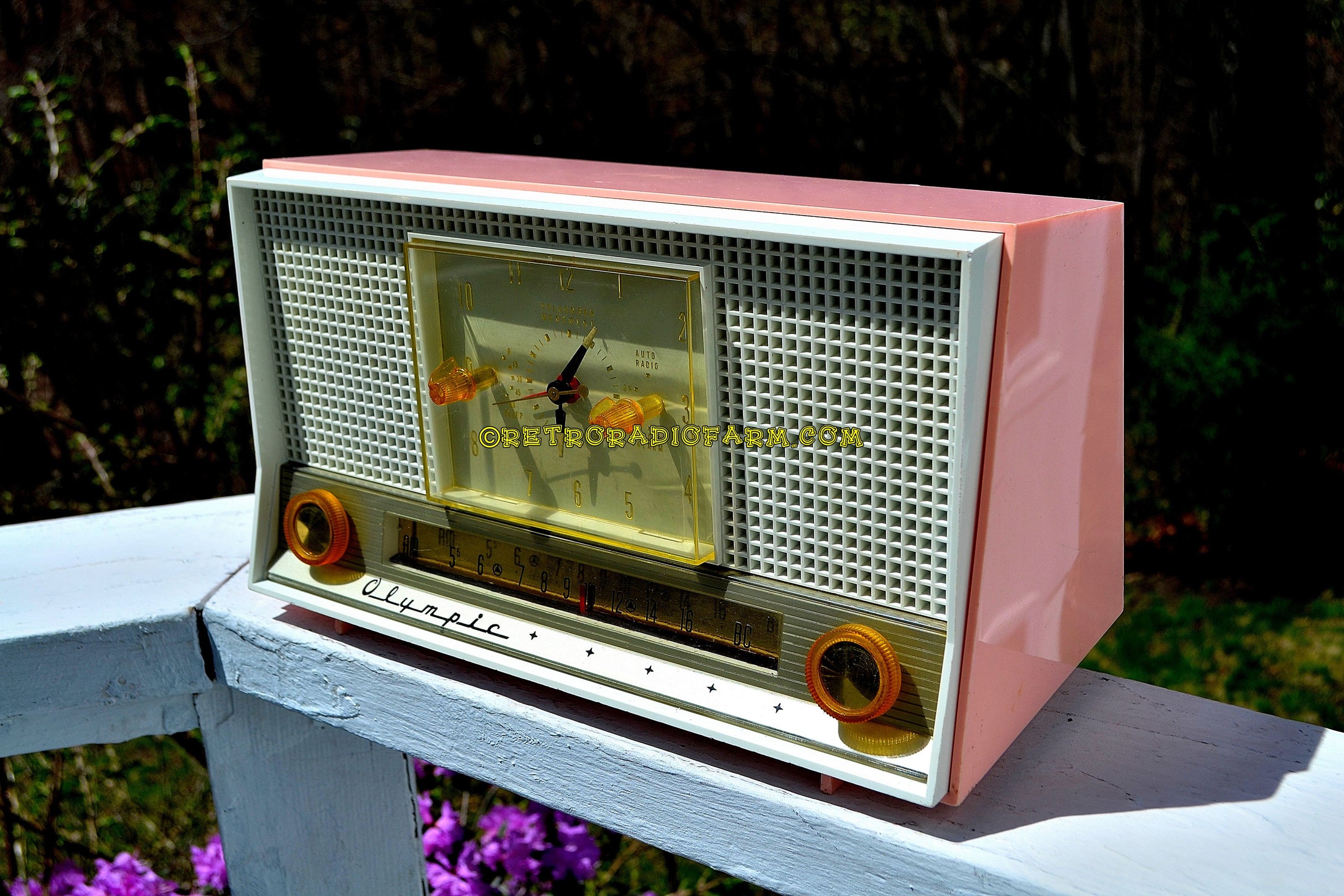 SOLD! - May 26, 2017 - PASTEL PINK Mid Century Retro Jetsons 1956 Olympic Model 555 AM Clock Radio Excellent Plus Condition! - [product_type} - Olympic - Retro Radio Farm