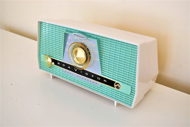 Turquoise and White 1957 RCA Model X-4HE Vacuum Tube AM Radio Works Great Dual Speaker Sound!