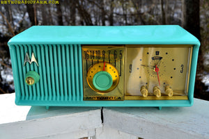 SOLD! - Apr 27, 2017 - VIVID Turquoise Retro Jetsons 1957 Motorola 57CC Tube AM Clock Radio Totally Restored! - [product_type} - Motorola - Retro Radio Farm