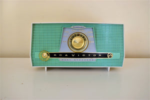 Turquoise and White 1957 RCA Model X-4HE Vacuum Tube AM Radio Works Great Dual Speaker Sound!