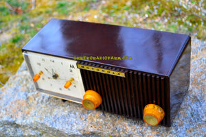 SOLD! - May 26, 2017 - BLUETOOTH MP3 READY - Chocolate Brown Retro Jetsons 1959 Motorola Model 5C12M Tube AM Clock Radio Totally Restored! - [product_type} - Motorola - Retro Radio Farm