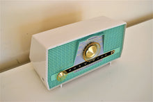 Load image into Gallery viewer, Turquoise and White 1957 RCA Model X-4HE Vacuum Tube AM Radio Works Great Dual Speaker Sound!