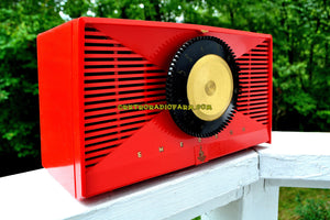 SOLD! - Sept 17, 2017 - MATADOR RED Mid Century Vintage 1955 Emerson Model 812B Tube AM Clock Radio Rare Color Sounds Great! - [product_type} - Emerson - Retro Radio Farm
