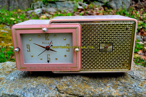 SOLD! - May 4, 2017 - FIFTH AVENUE PINK Mid Century Retro Jetsons 1957 Bulova Model 120 Tube AM Clock Radio Excellent Condition! - [product_type} - Bulova - Retro Radio Farm
