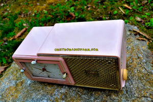 SOLD! - May 4, 2017 - FIFTH AVENUE PINK Mid Century Retro Jetsons 1957 Bulova Model 120 Tube AM Clock Radio Excellent Condition! - [product_type} - Bulova - Retro Radio Farm