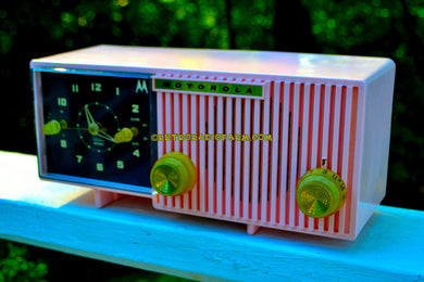 SOLD! - Aug 7, 2017 - CHERRY BLOSSOM PINK Mid Century Retro Vintage Antique Motorola 1959 Model 5C12P Clock Radio Tube AM Clock Radio vErY pInK!