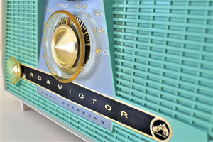 Turquoise and White 1957 RCA Model X-4HE Vacuum Tube AM Radio Works Great Dual Speaker Sound!