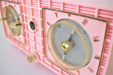 Load image into Gallery viewer, Carnation Pink 1956 RCA Victor Model 6-C-8F Vacuum Tube AM Clock Radio Rare Model and Color Sounds Beautiful!