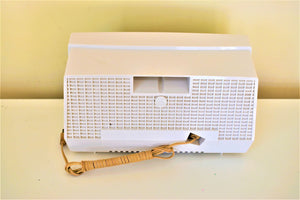 ターコイズとホワイトの 1957 RCA モデル X-4HE 真空管 AM ラジオは素晴らしいデュアル スピーカー サウンドを実現します。