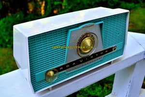 SOLD! - Aug 13, 2017 - AQUA AND WHITE Atomic Age Vintage 1959 RCA Victor Model X-4HE Tube AM Radio Near Mint and Shiny! - [product_type} - RCA Victor - Retro Radio Farm