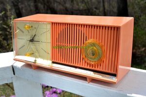 SOLD! - Dec. 6, 2017 - PEACH PINK Mid Century Retro Jetsons 1958 Silvertone Model 90235 AM Clock Radio Totally Restored!