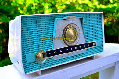 SOLD! - Aug 13, 2017 - AQUA AND WHITE Atomic Age Vintage 1959 RCA Victor Model X-4HE Tube AM Radio Near Mint and Shiny!