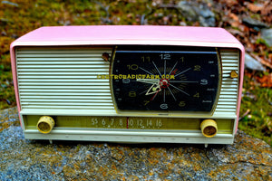SOLD! - Apr 29, 2017 - BEAUTIFUL Powder Pink And White Retro Jetsons 1958 RCA Victor 9-C-71 Tube AM Clock Radio Works Great! - [product_type} - RCA Victor - Retro Radio Farm