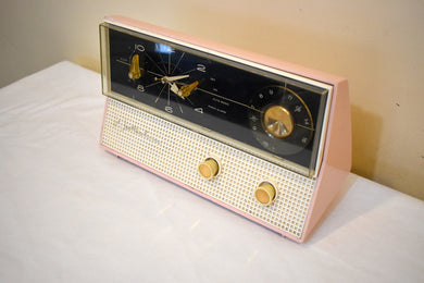 Pastel Pink Westinghouse 1959 Model H710T5 AM Vacuum Tube Vintage Clock Radio Great Sounding Sleek Upright!