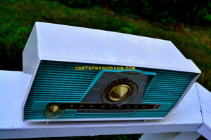 SOLD! - Aug 13, 2017 - AQUA AND WHITE Atomic Age Vintage 1959 RCA Victor Model X-4HE Tube AM Radio Near Mint and Shiny! - [product_type} - RCA Victor - Retro Radio Farm