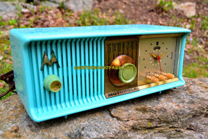 SOLD! - July 12, 2017 - VIVID Turquoise Mid Century Retro Antique Jetsons 1957 Motorola 57CC Tube AM Clock Radio Totally Restored! - [product_type} - Motorola - Retro Radio Farm