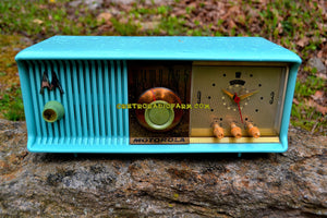SOLD! - July 12, 2017 - VIVID Turquoise Mid Century Retro Antique Jetsons 1957 Motorola 57CC Tube AM Clock Radio Totally Restored! - [product_type} - Motorola - Retro Radio Farm